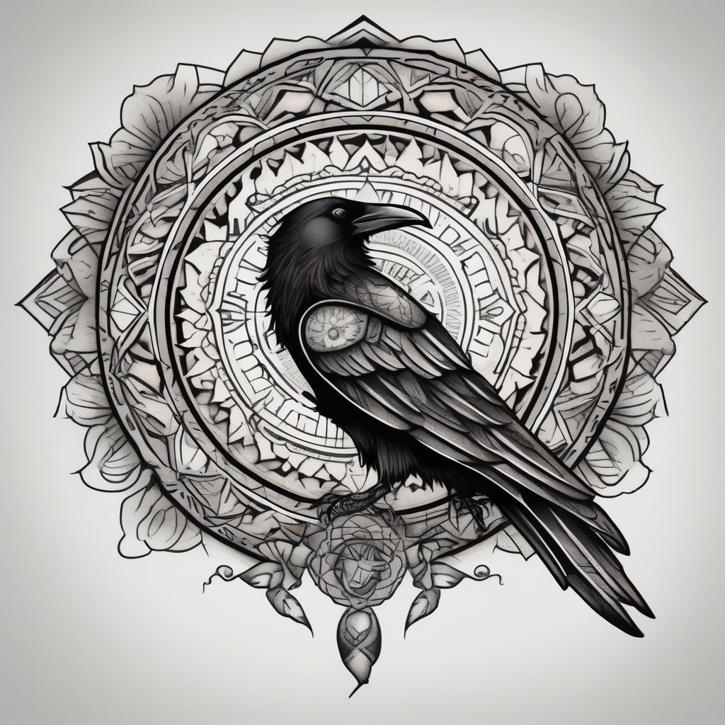 left arm tattoo of a raven mandala on a branch surrounded by mandala half sleeve tattoos for men, design de tatouage Old school généré par IA